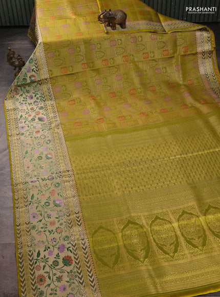 Pure kanchipuram silk saree lime green with allover zari woven brocade weaves and long zari woven pithani border