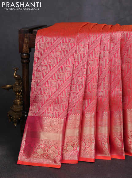 Pure kanchipuram silk saree orange with allover zari woven brocade weaves and long rich zari woven border