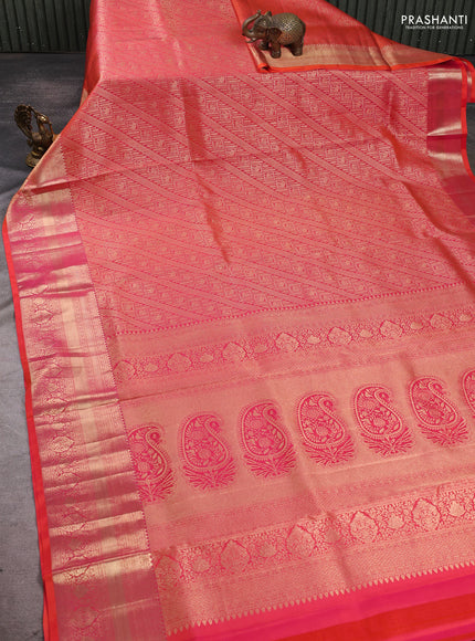 Pure kanchipuram silk saree orange with allover zari woven brocade weaves and long rich zari woven border