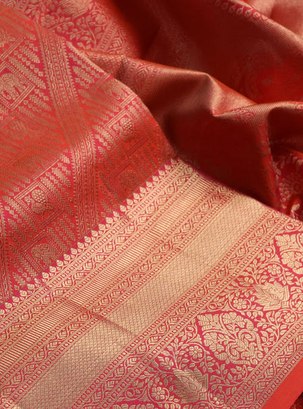 Pure kanchipuram silk saree orange with allover zari woven brocade weaves and long rich zari woven border