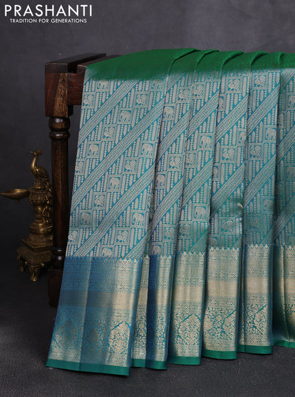 Pure kanchipuram silk saree green with allover zari woven brocade weaves and long rich zari woven border