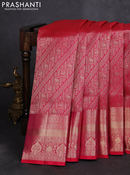 Pure kanchipuram silk saree tomato pink with allover zari woven brocade weaves and long rich zari woven border