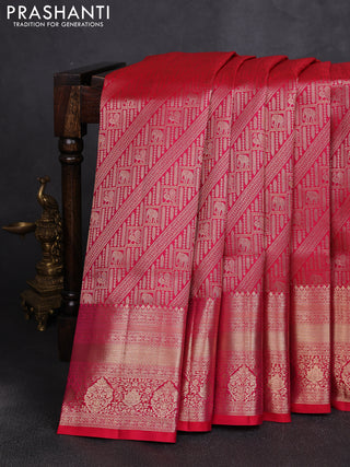 Pure kanchipuram silk saree tomato pink with allover zari woven brocade weaves and long rich zari woven border