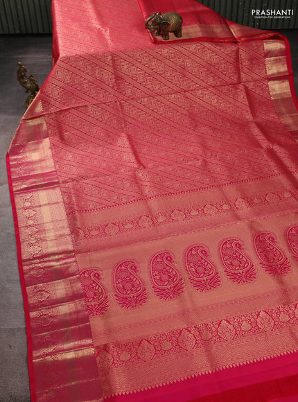 Pure kanchipuram silk saree tomato pink with allover zari woven brocade weaves and long rich zari woven border