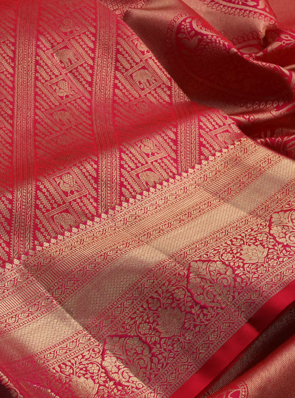 Pure kanchipuram silk saree tomato pink with allover zari woven brocade weaves and long rich zari woven border
