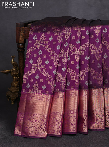Pure kanchipuram silk saree deep purple with allover zari woven brocade weaves and long rich zari woven border