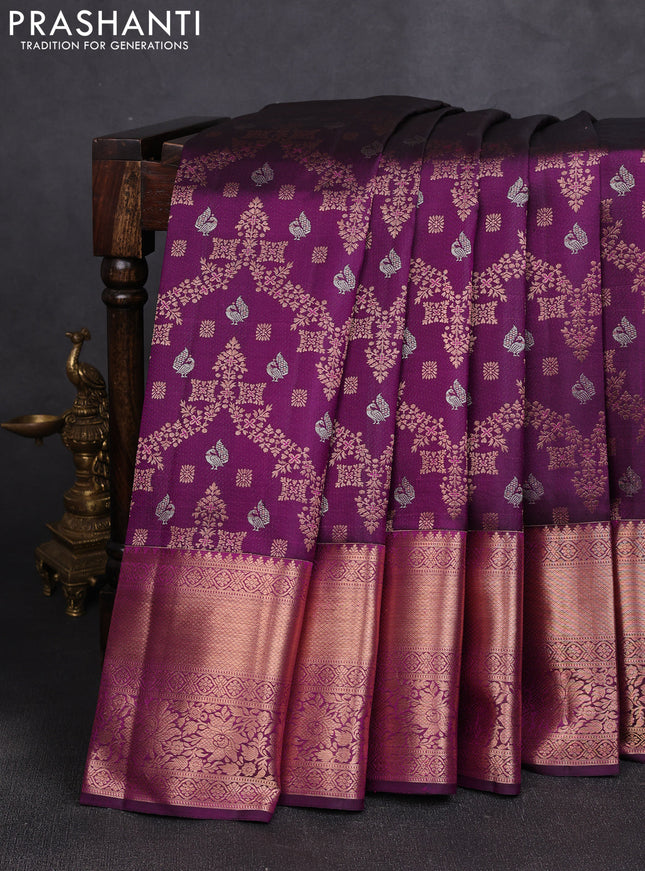 Pure kanchipuram silk saree deep purple with allover zari woven brocade weaves and long rich zari woven border