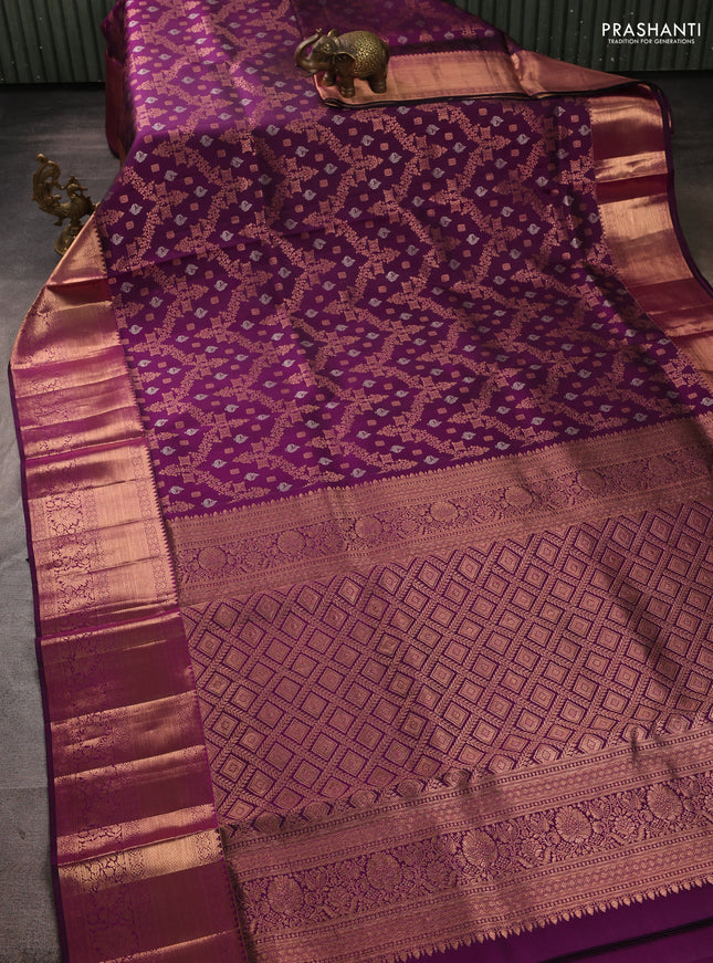 Pure kanchipuram silk saree deep purple with allover zari woven brocade weaves and long rich zari woven border