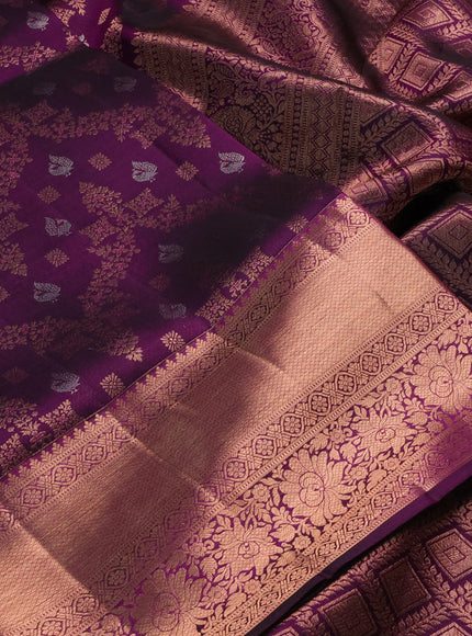 Pure kanchipuram silk saree deep purple with allover zari woven brocade weaves and long rich zari woven border