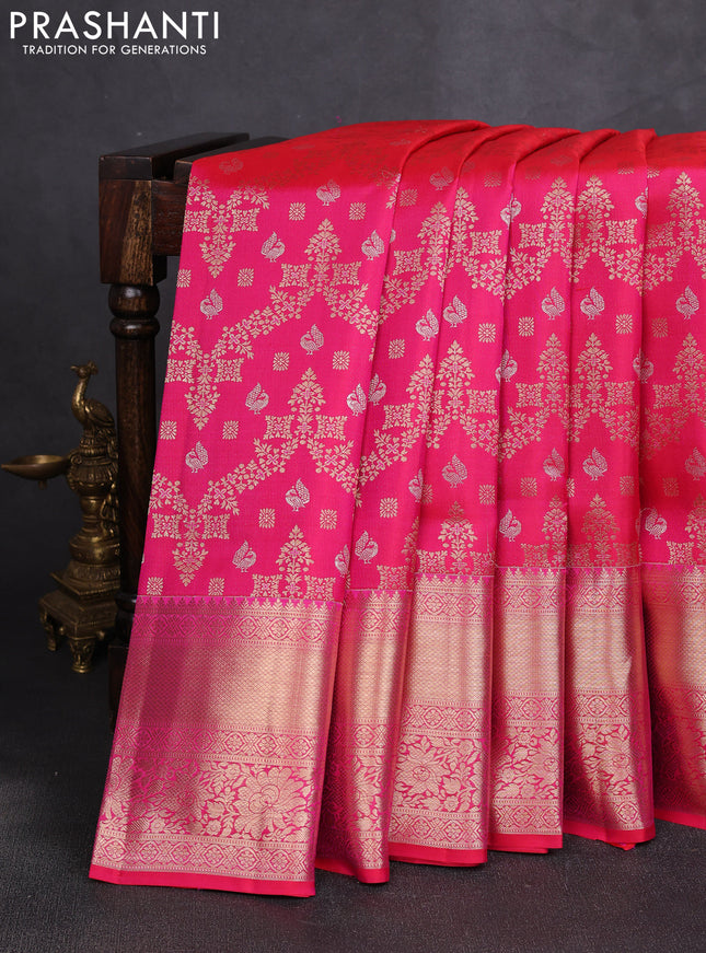 Pure kanchipuram silk saree dual shade of pinkish orange with allover zari woven brocade weaves and long rich zari woven border