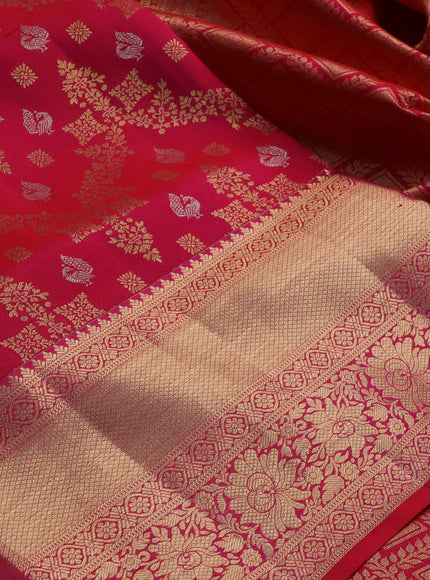 Pure kanchipuram silk saree dual shade of pinkish orange with allover zari woven brocade weaves and long rich zari woven border