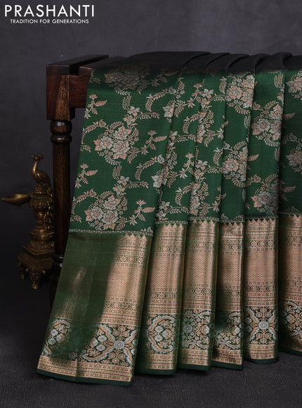 Pure kanchipuram silk saree bottle green with allover zari woven brocade weaves and long rich zari woven border