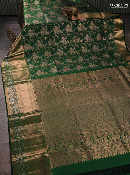 Pure kanchipuram silk saree bottle green with allover zari woven brocade weaves and long rich zari woven border