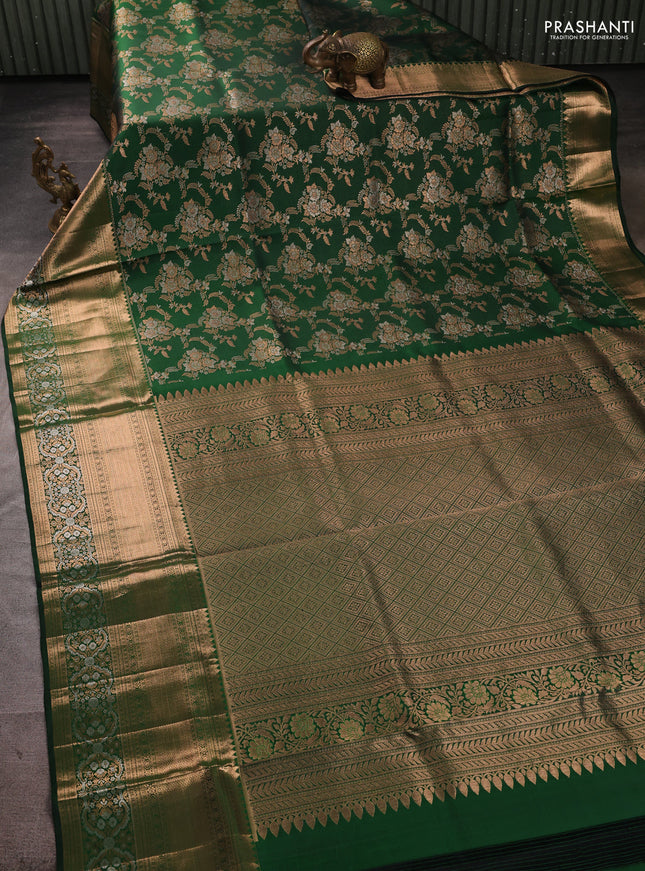 Pure kanchipuram silk saree bottle green with allover zari woven brocade weaves and long rich zari woven border