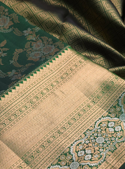 Pure kanchipuram silk saree bottle green with allover zari woven brocade weaves and long rich zari woven border
