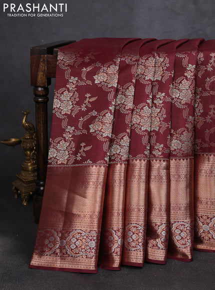 Pure kanchipuram silk saree deep maroon with allover zari woven brocade weaves and long zari woven border