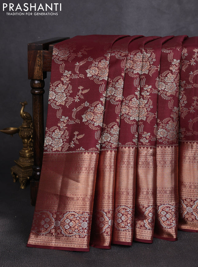 Pure kanchipuram silk saree deep maroon with allover zari woven brocade weaves and long zari woven border