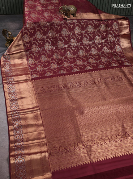 Pure kanchipuram silk saree deep maroon with allover zari woven brocade weaves and long zari woven border