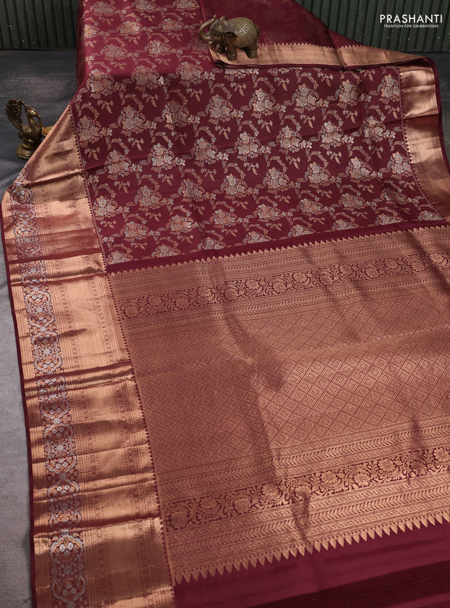 Pure kanchipuram silk saree deep maroon with allover zari woven brocade weaves and long zari woven border