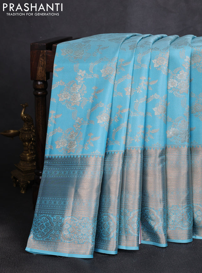 Pure kanchipuram silk saree teal blue with allover zari woven brocade weaves and long zari woven border