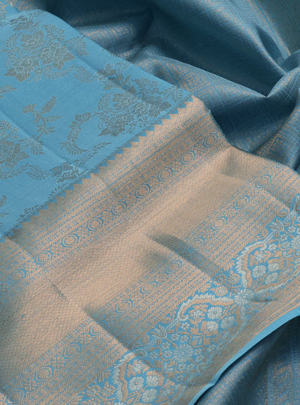 Pure kanchipuram silk saree teal blue with allover zari woven brocade weaves and long zari woven border