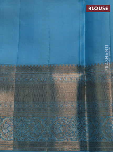 Pure kanchipuram silk saree teal blue with allover zari woven brocade weaves and long zari woven border
