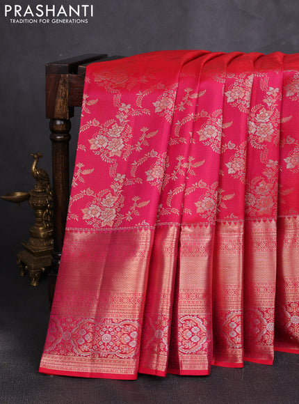 Pure kanchipuram silk saree dual shade of pinkish orange with allover zari woven brocade weaves and long zari woven border