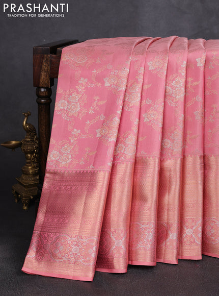 Pure kanchipuram silk saree peach shade with allover zari woven brocade weaves and long zari woven border