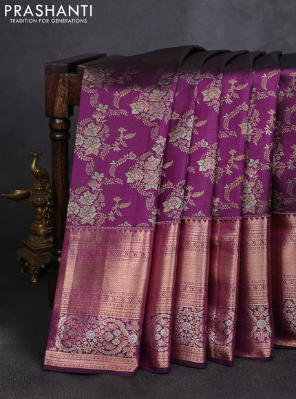 Pure kanchipuram silk saree purple with allover zari woven brocade weaves and long rich zari woven border