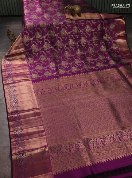 Pure kanchipuram silk saree purple with allover zari woven brocade weaves and long rich zari woven border