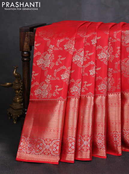 Pure kanchipuram silk saree red with allover zari woven brocade weaves and long rich zari woven buttas