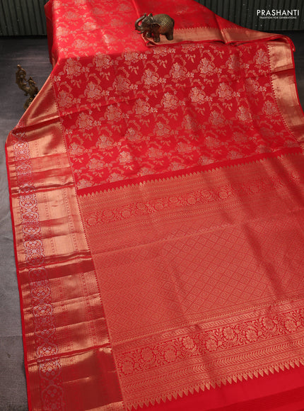 Pure kanchipuram silk saree red with allover zari woven brocade weaves and long rich zari woven buttas