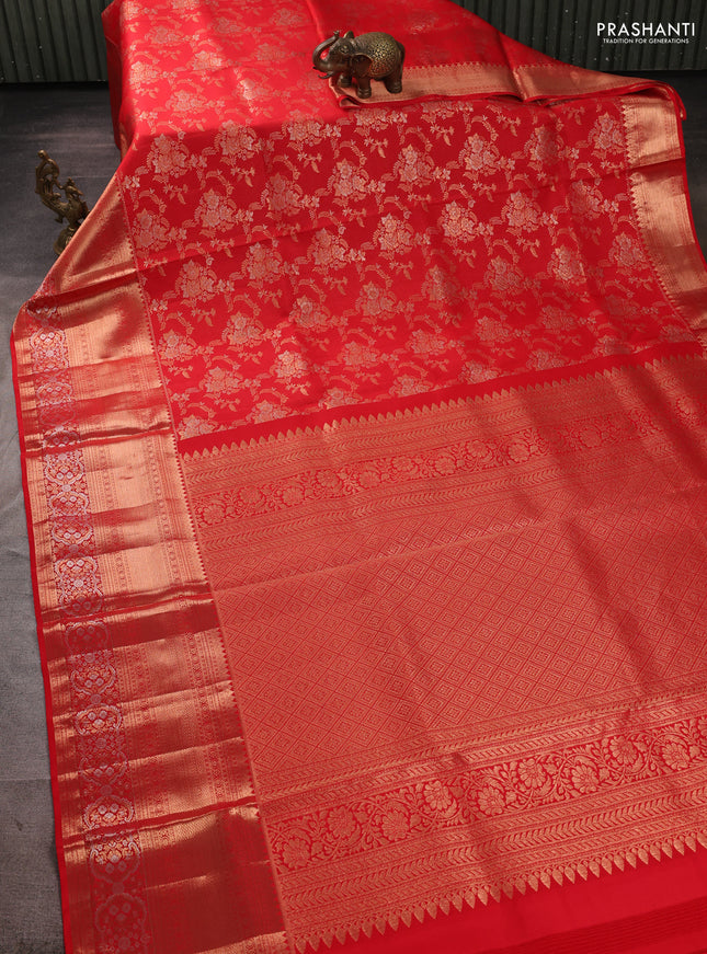 Pure kanchipuram silk saree red with allover zari woven brocade weaves and long rich zari woven buttas