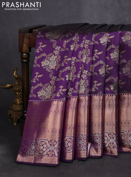 Pure kanchipuram silk saree violet with allover zari woven brocade weaves and long rich zari woven buttas