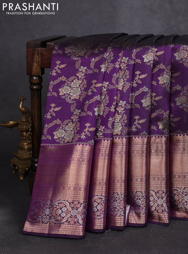 Pure kanchipuram silk saree violet with allover zari woven brocade weaves and long rich zari woven buttas