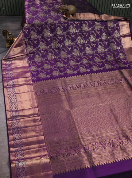 Pure kanchipuram silk saree violet with allover zari woven brocade weaves and long rich zari woven buttas