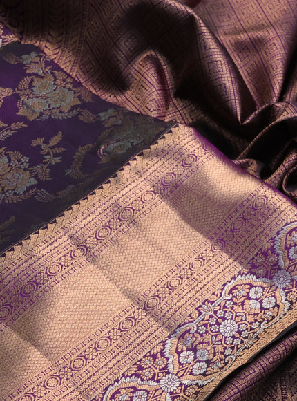 Pure kanchipuram silk saree violet with allover zari woven brocade weaves and long rich zari woven buttas