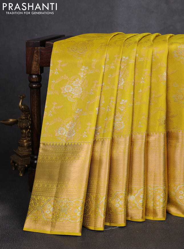 Pure kanchipuram silk saree lime green with allover zari woven brocade weaves and long zari woven border