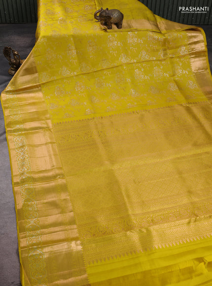 Pure kanchipuram silk saree lime green with allover zari woven brocade weaves and long zari woven border