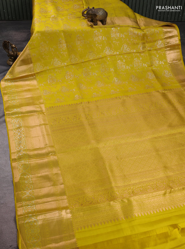 Pure kanchipuram silk saree lime green with allover zari woven brocade weaves and long zari woven border