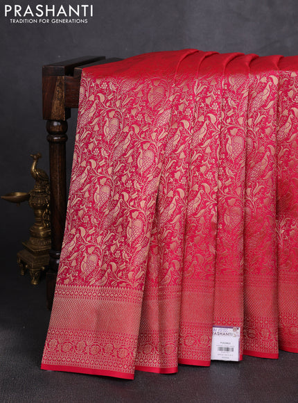 Pure kanchipuram silk saree tomato pink with allover zari woven brocade weaves and zari woven border