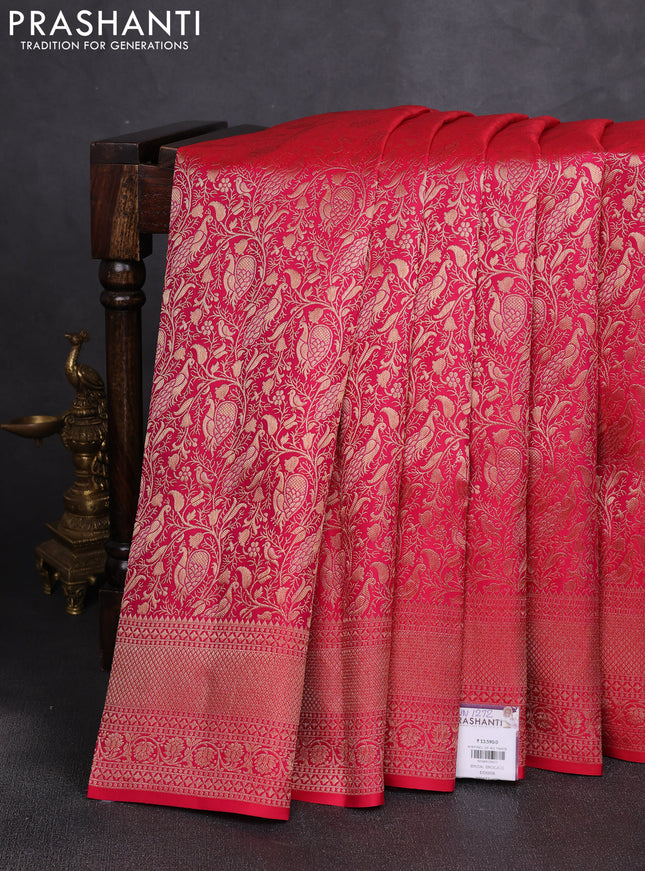 Pure kanchipuram silk saree tomato pink with allover zari woven brocade weaves and zari woven border