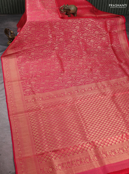 Pure kanchipuram silk saree tomato pink with allover zari woven brocade weaves and zari woven border