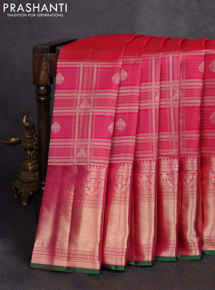 Pure kanchipuram silk saree tomato pink with allover zari checks & buttas and long rich zari woven border