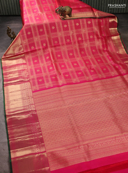 Pure kanchipuram silk saree tomato pink with allover zari checks & buttas and long rich zari woven border