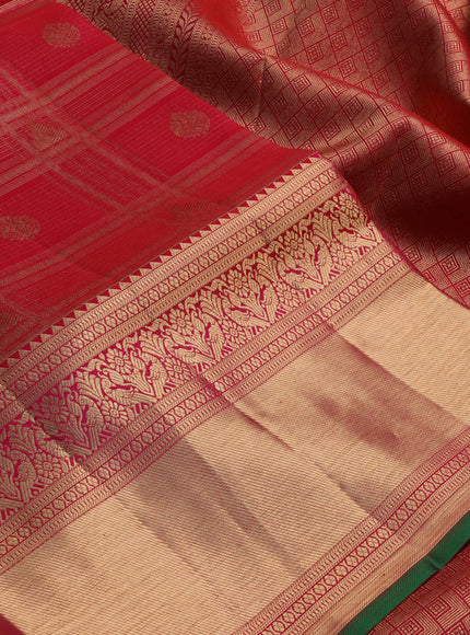 Pure kanchipuram silk saree tomato pink with allover zari checks & buttas and long rich zari woven border
