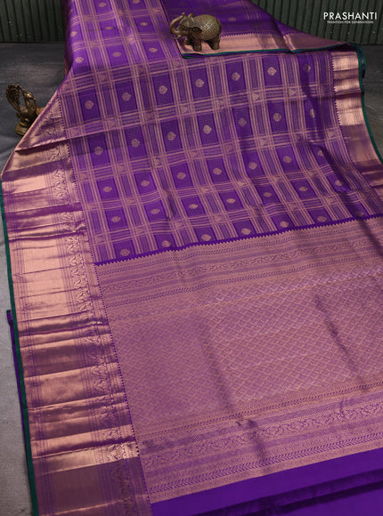 Pure kanchipuram silk saree violet with allover zari checks & buttas and long rich zari woven border