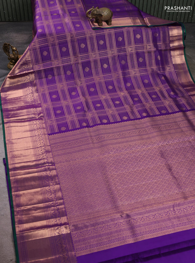 Pure kanchipuram silk saree violet with allover zari checks & buttas and long rich zari woven border