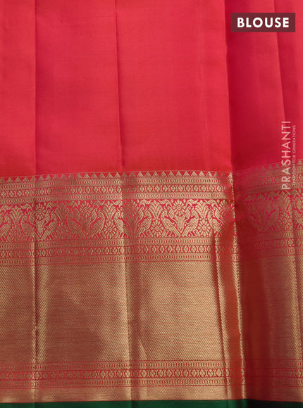 Pure kanchipuram silk saree dual shade of pinkish orange with allover zari checks & buttas and long rich zari woven border