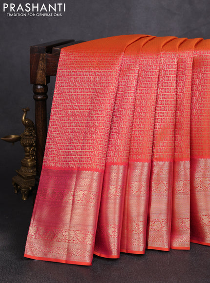 Pure kanchipuram silk saree orange with allover zari woven brocade weaves and zari woven border